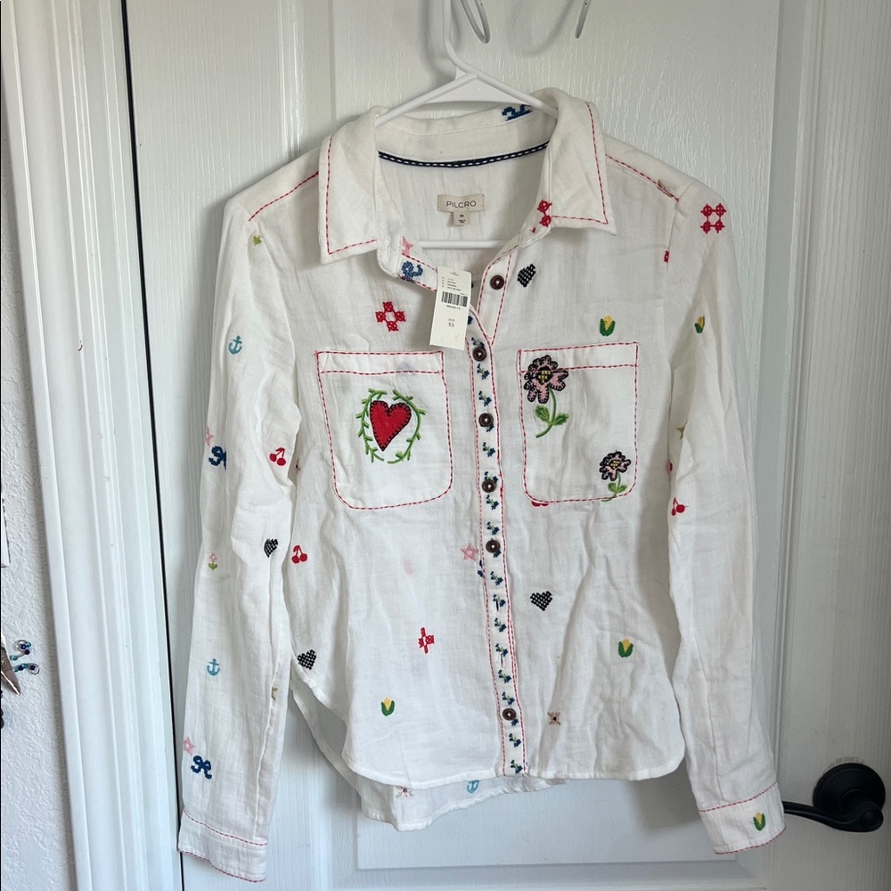 Anthropologie White Embroidered Button Down Shirt